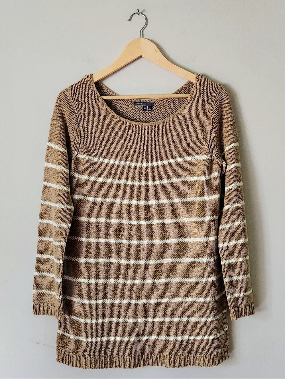 Vince Striped Long-Sleeve Crewneck Sweater - Tan & Cream Sz M
